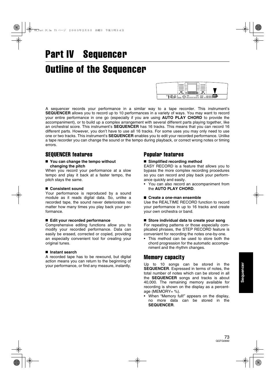 Part iv sequencer, Part iv sequencer outline of the sequencer, Sequencer features | Popular features | Panasonic SX-KN2600 User Manual | Page 73 / 200