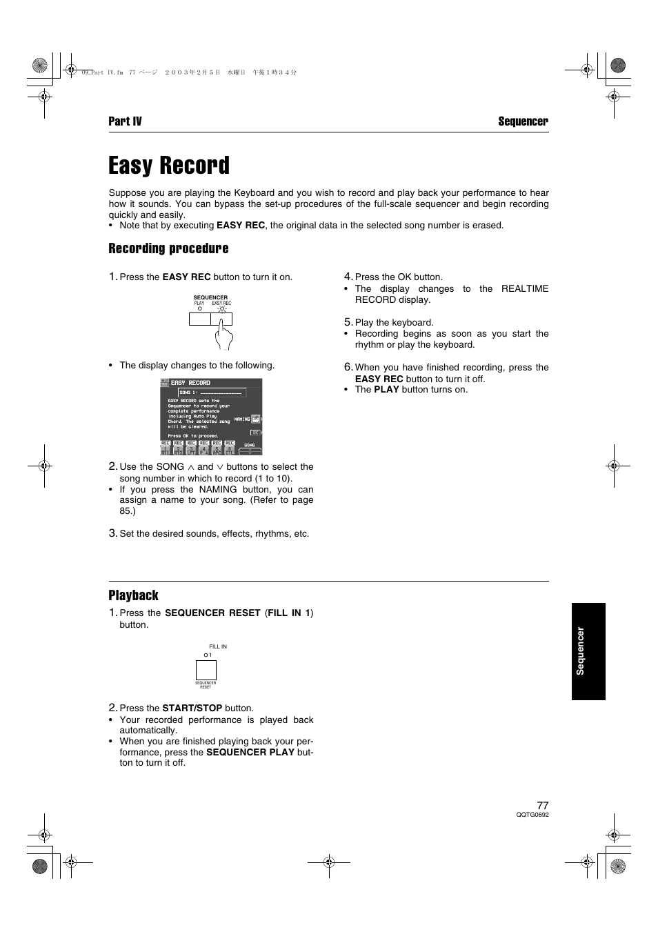 Easy record, Recording procedure, Playback | Part iv sequencer | Panasonic SX-KN2600 User Manual | Page 77 / 200