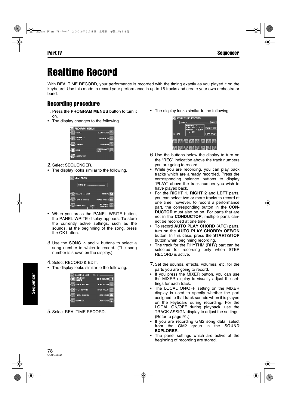 Realtime record, Recording procedure, Part iv sequencer | Panasonic SX-KN2600 User Manual | Page 78 / 200