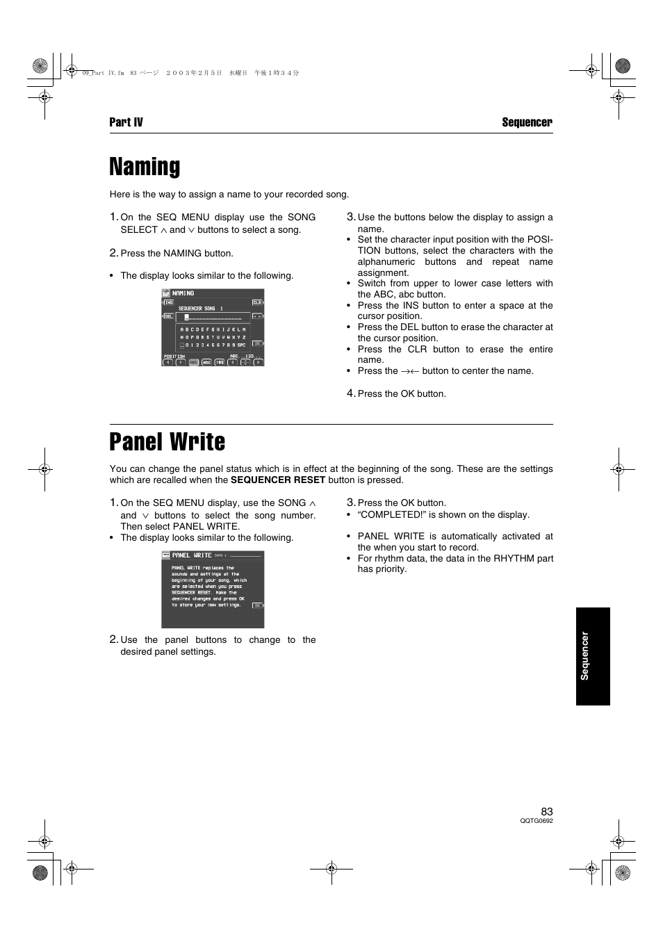 Naming, Panel write, Part iv sequencer | Panasonic SX-KN2600 User Manual | Page 83 / 200