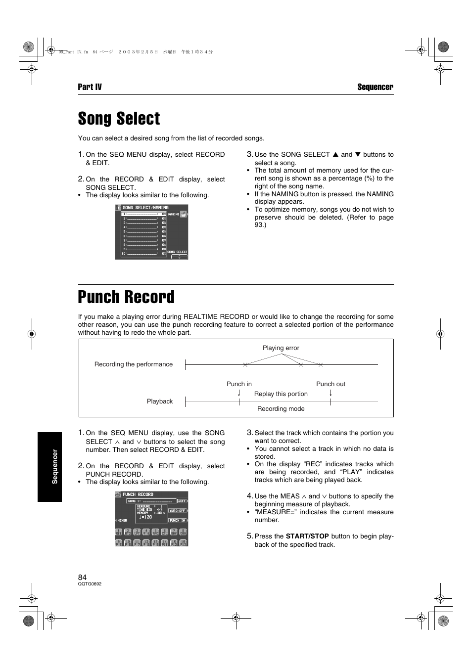 Song select, Punch record, Part iv sequencer | Panasonic SX-KN2600 User Manual | Page 84 / 200