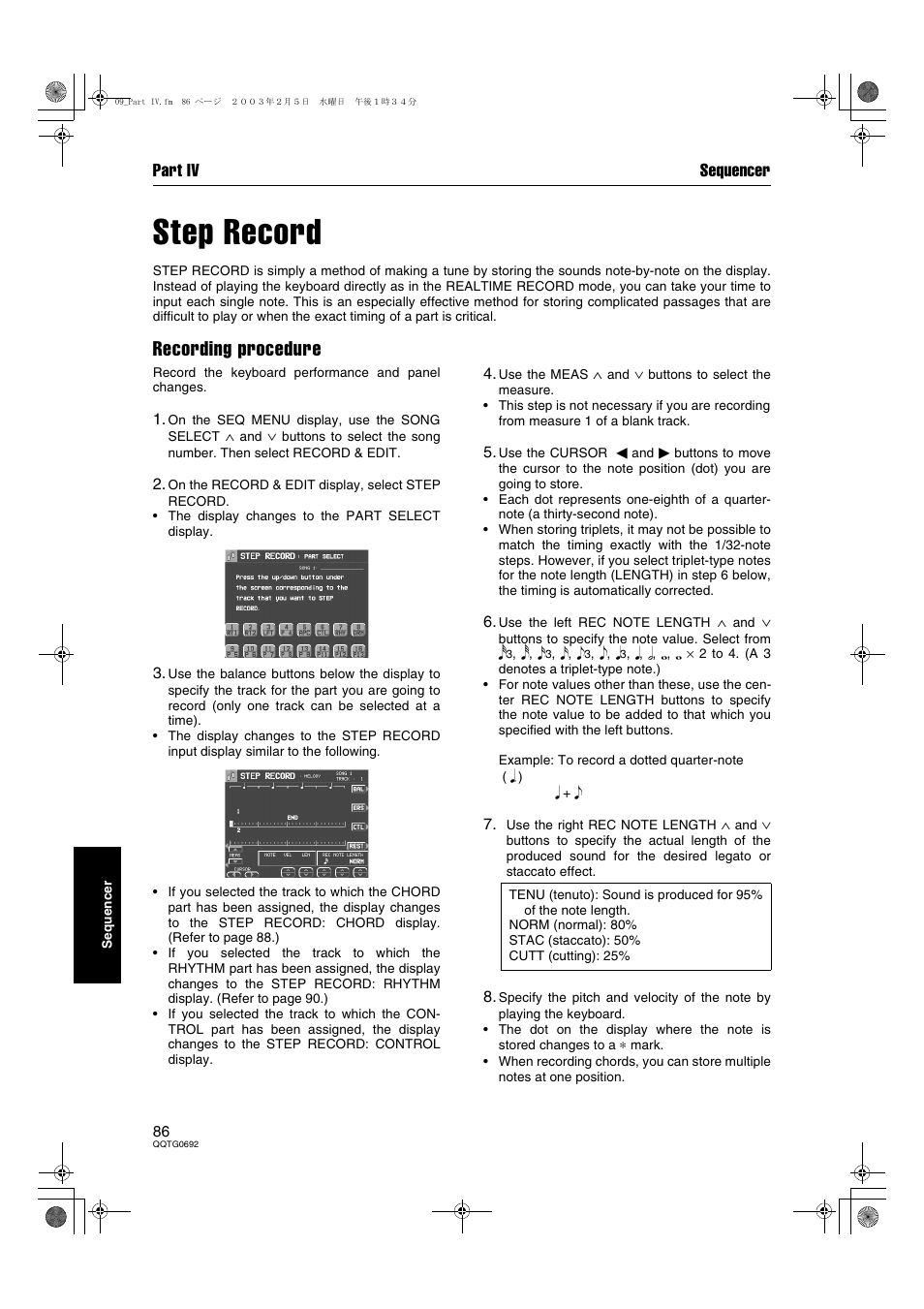 Step record, Recording procedure, Part iv sequencer | Panasonic SX-KN2600 User Manual | Page 86 / 200