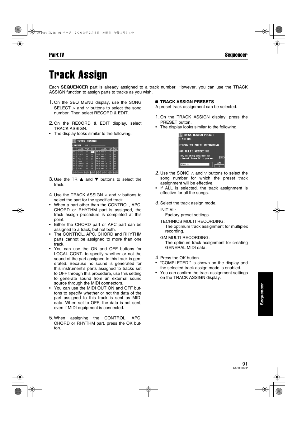 Track assign, Part iv sequencer | Panasonic SX-KN2600 User Manual | Page 91 / 200