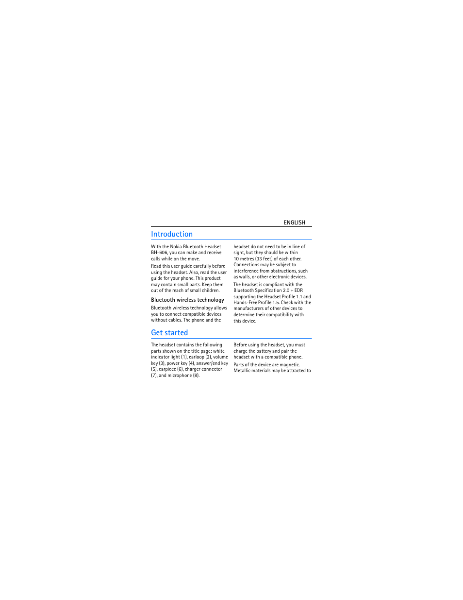 Introduction, Bluetooth wireless technology, Get started | Nokia Bluetooth Headset BH-606 User Manual | Page 3 / 48