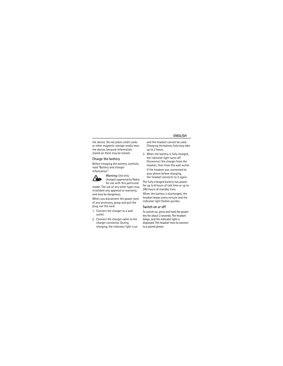 Charge the battery, Switch on or off | Nokia Bluetooth Headset BH-606 User Manual | Page 4 / 48