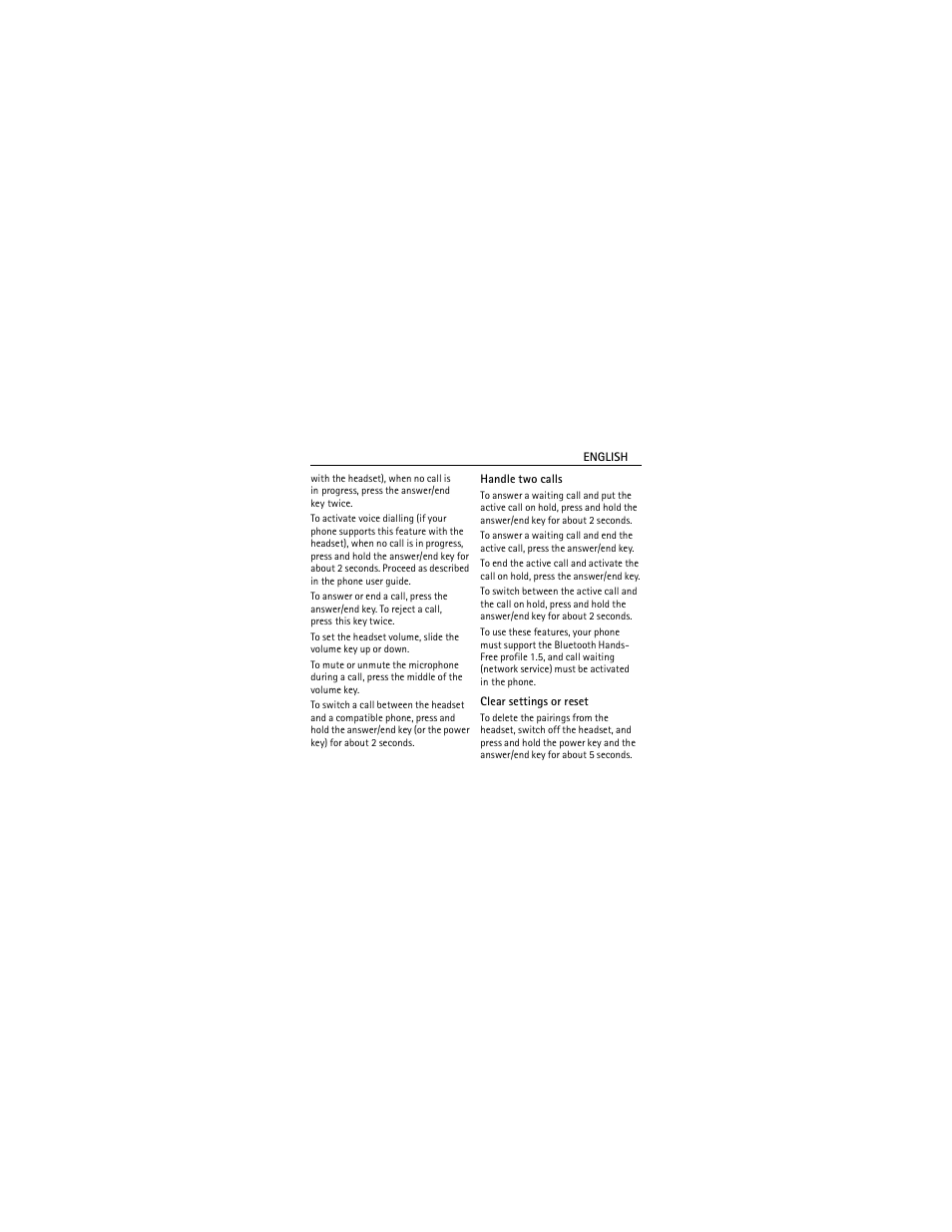 Handle two calls, Clear settings or reset | Nokia Bluetooth Headset BH-606 User Manual | Page 6 / 48