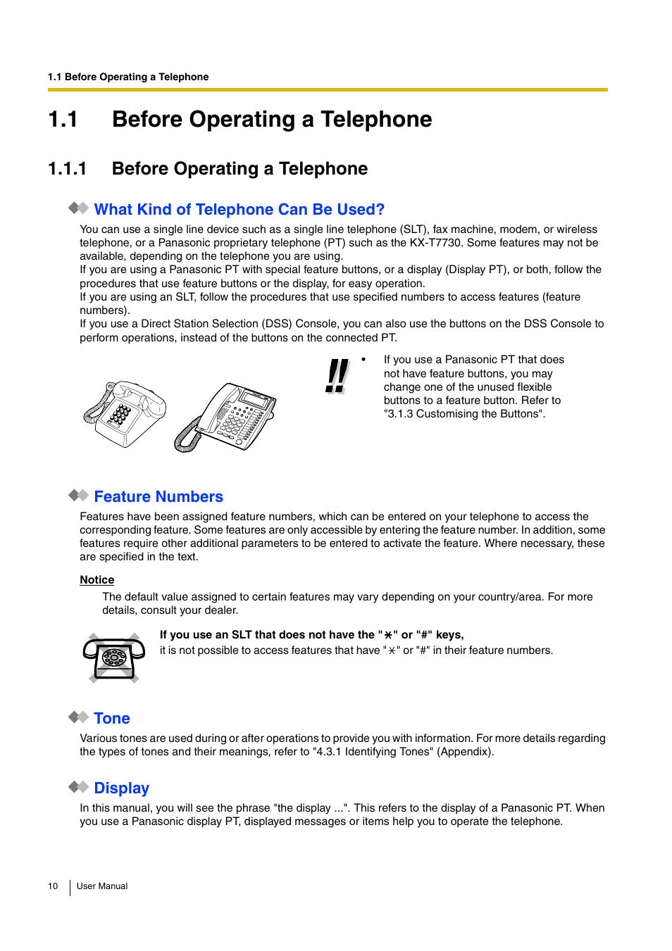 1 before operating a telephone, What kind of telephone can be used, Feature numbers | Tone, Display | Panasonic KX-TEB308 User Manual | Page 10 / 152