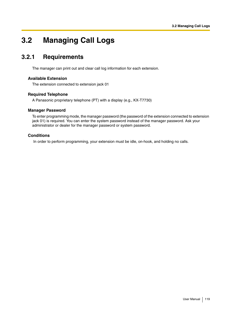 2 managing call logs, 1 requirements | Panasonic KX-TEB308 User Manual | Page 119 / 152