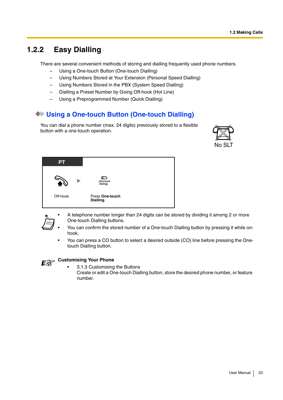 2 easy dialling, Using a one-touch button (one-touch dialling), No slt | Panasonic KX-TEB308 User Manual | Page 23 / 152