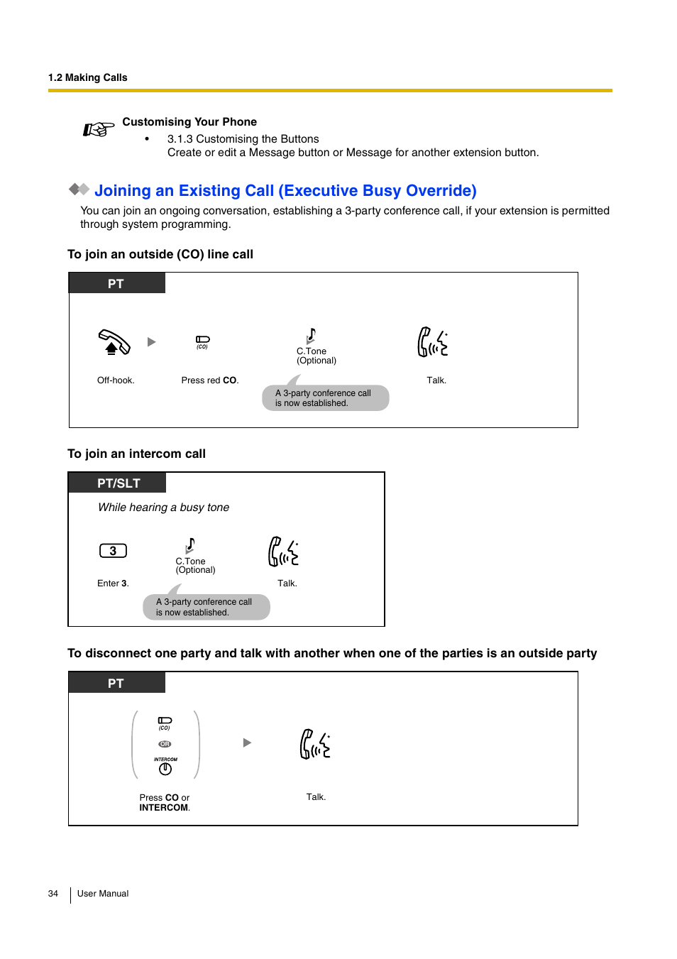 Joining an existing call (executive busy override) | Panasonic KX-TEB308 User Manual | Page 34 / 152