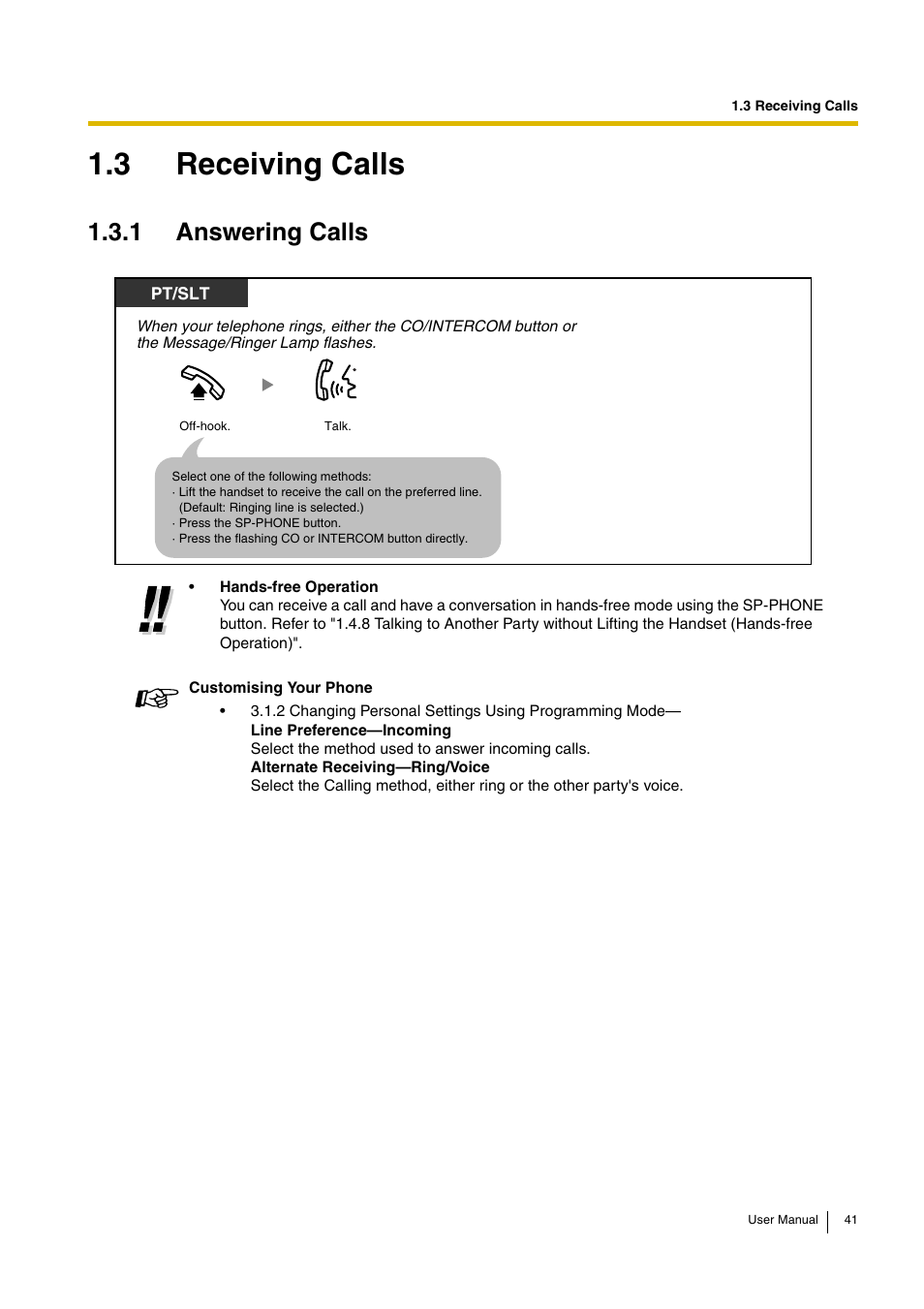 3 receiving calls, 1 answering calls | Panasonic KX-TEB308 User Manual | Page 41 / 152