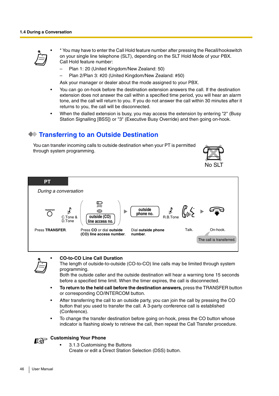 Transferring to an outside destination, No slt | Panasonic KX-TEB308 User Manual | Page 46 / 152