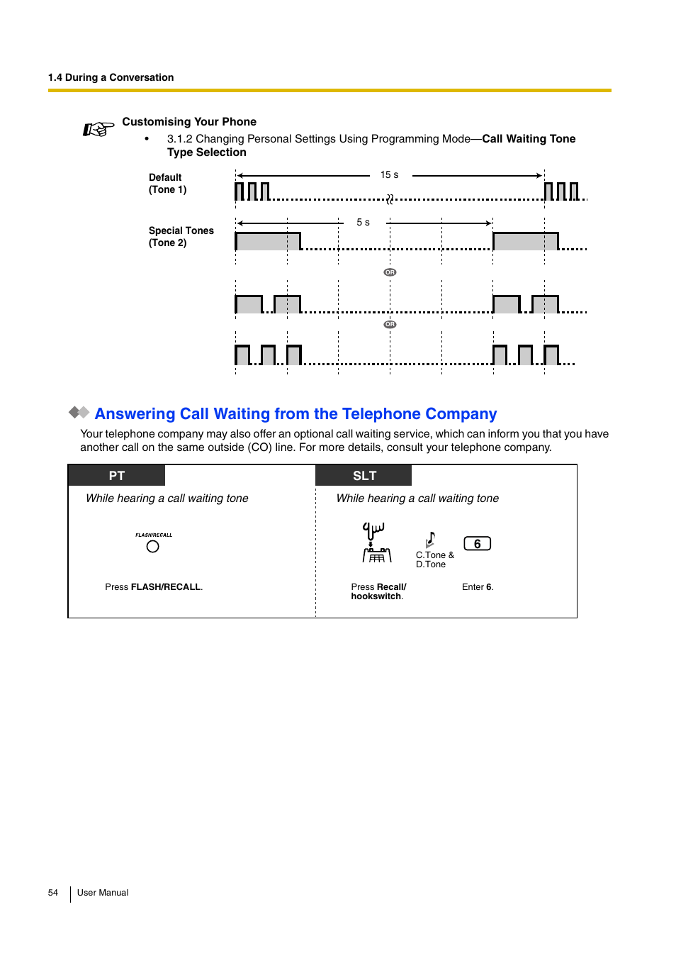 Answering call waiting from the telephone company | Panasonic KX-TEB308 User Manual | Page 54 / 152