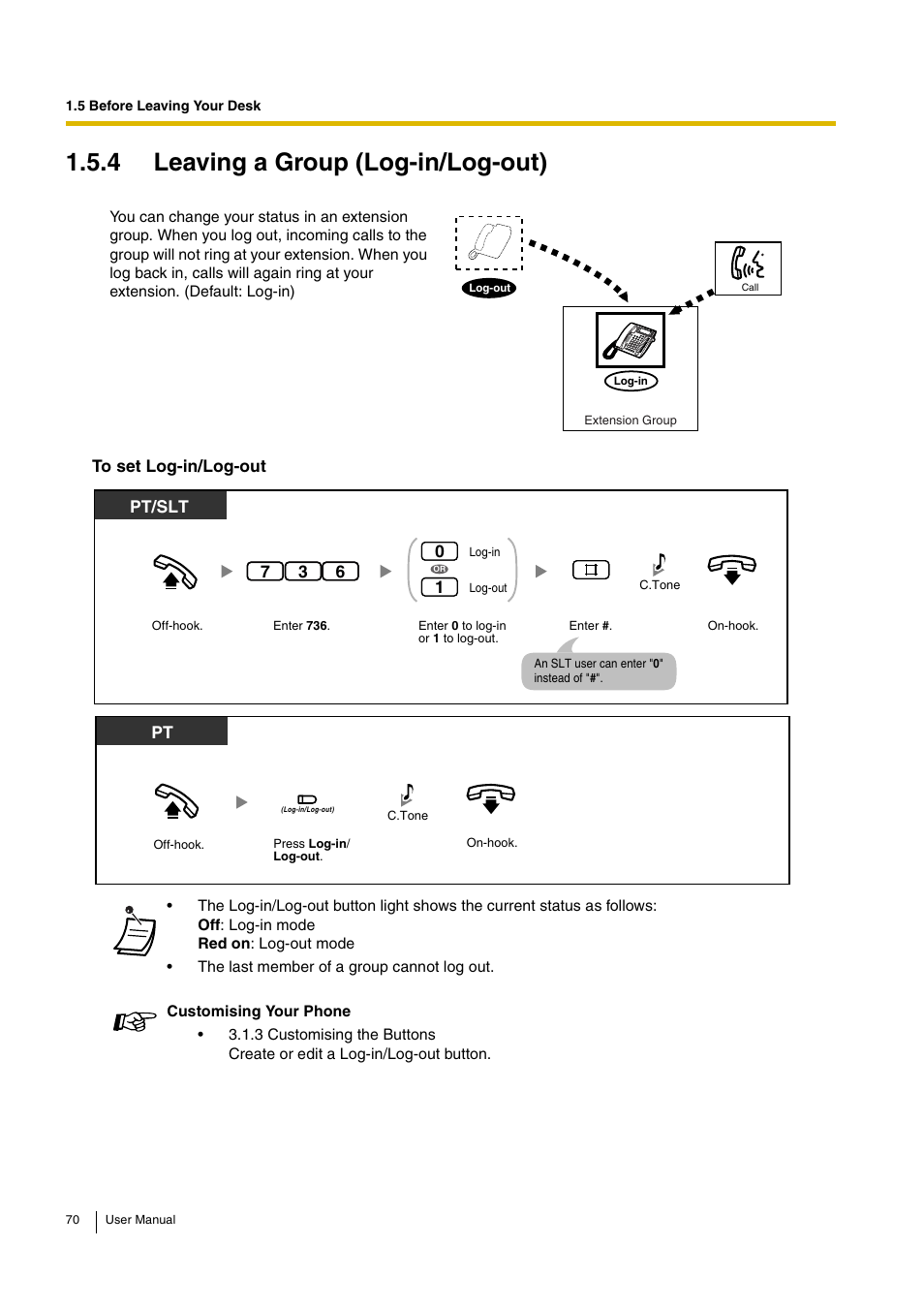 4 leaving a group (log-in/log-out) | Panasonic KX-TEB308 User Manual | Page 70 / 152