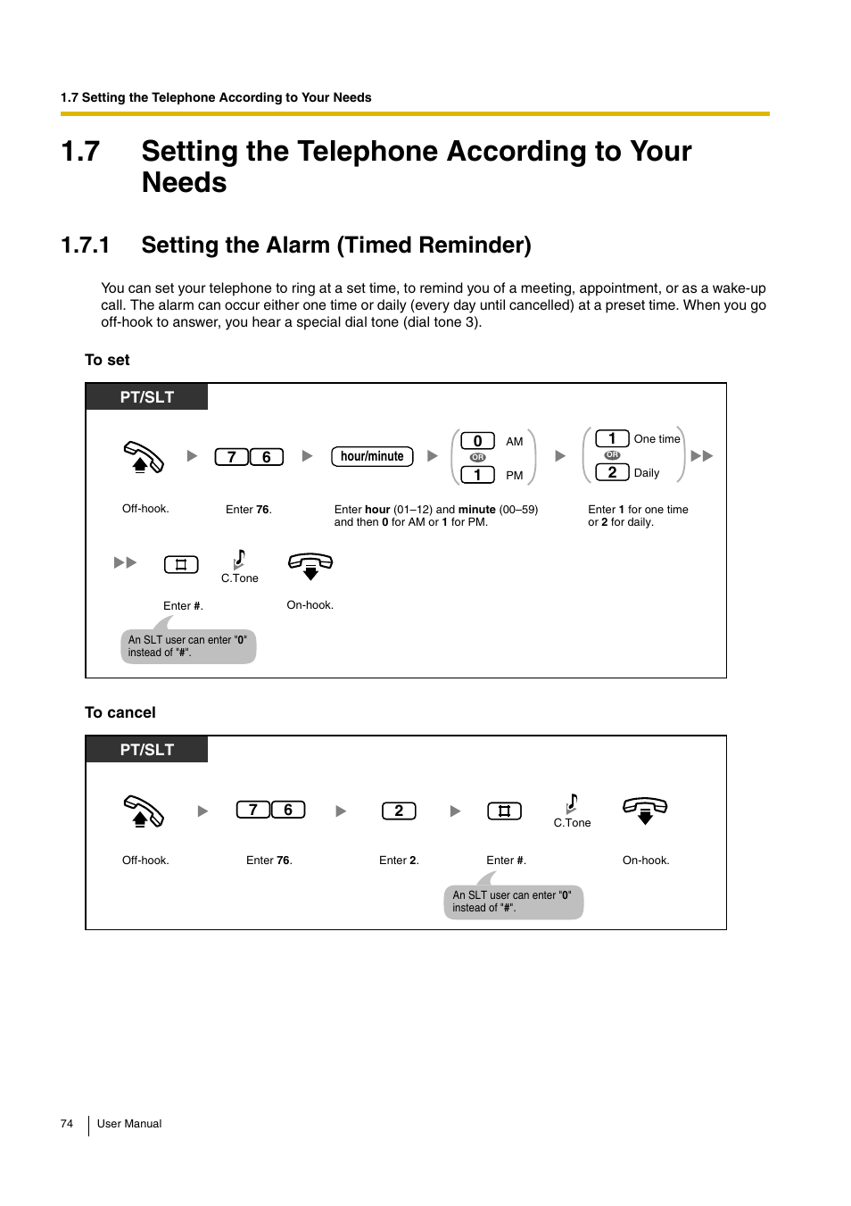 7 setting the telephone according to your needs, 1 setting the alarm (timed reminder) | Panasonic KX-TEB308 User Manual | Page 74 / 152