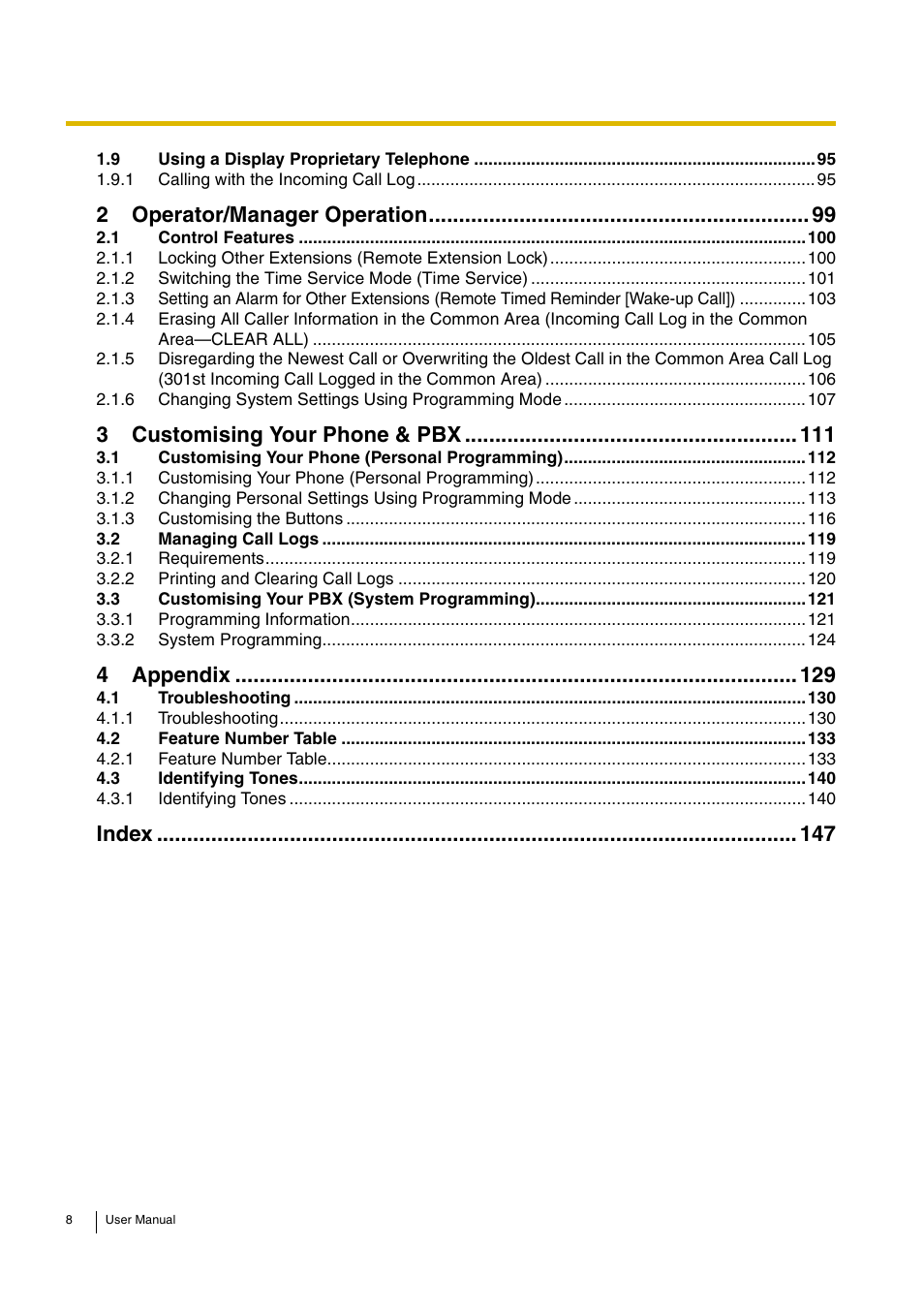 2 operator/manager operation 99, 3 customising your phone & pbx 111, 4 appendix 129 | Index 147, 2operator/manager operation, 3customising your phone & pbx, 4appendix, Index | Panasonic KX-TEB308 User Manual | Page 8 / 152