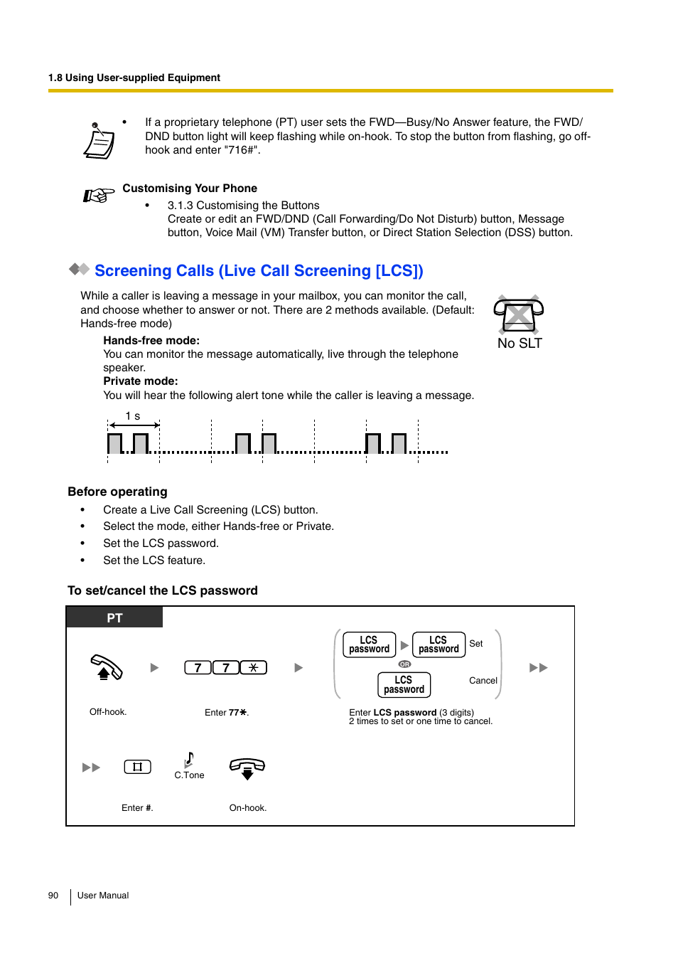 Screening calls (live call screening [lcs]), No slt | Panasonic KX-TEB308 User Manual | Page 90 / 152