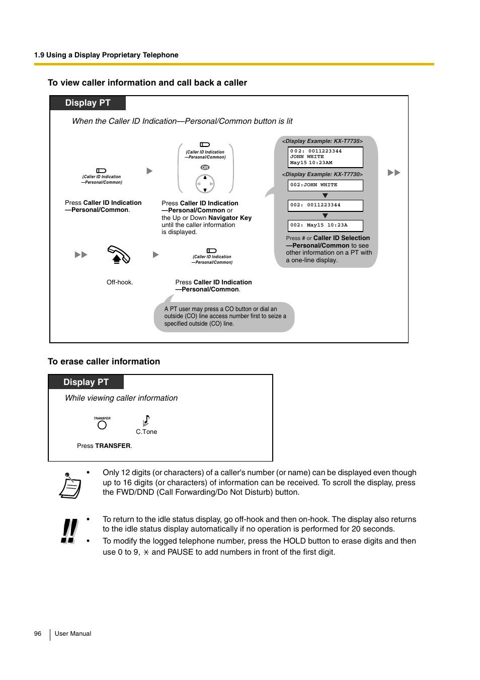 Display pt, While viewing caller information | Panasonic KX-TEB308 User Manual | Page 96 / 152