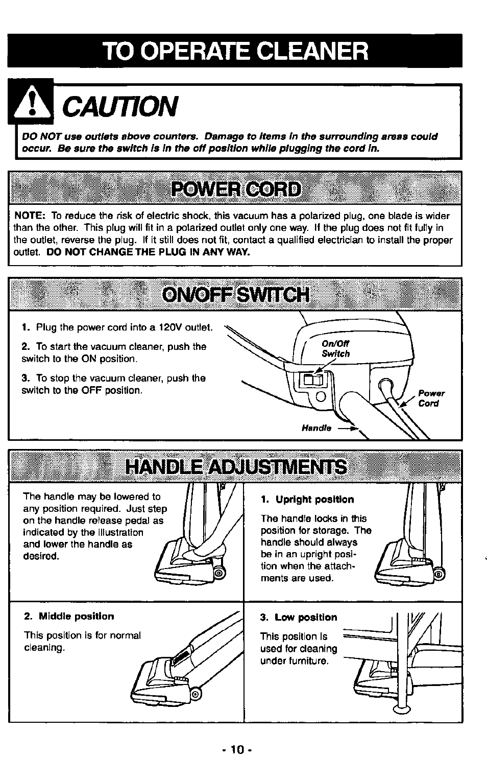 To operate cleaner, Caunon, Upright position | Middle position | Panasonic ULTRA-PRO MC-V150 User Manual | Page 10 / 40