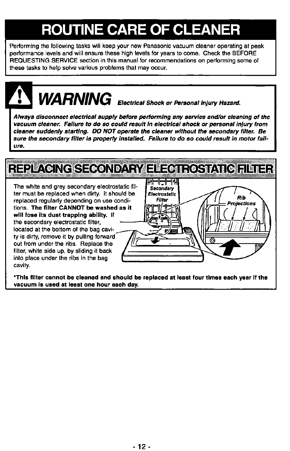 Routine care of cleaner, Warning, Persona | Th h', h h , . , r, imfi | Panasonic ULTRA-PRO MC-V150 User Manual | Page 12 / 40