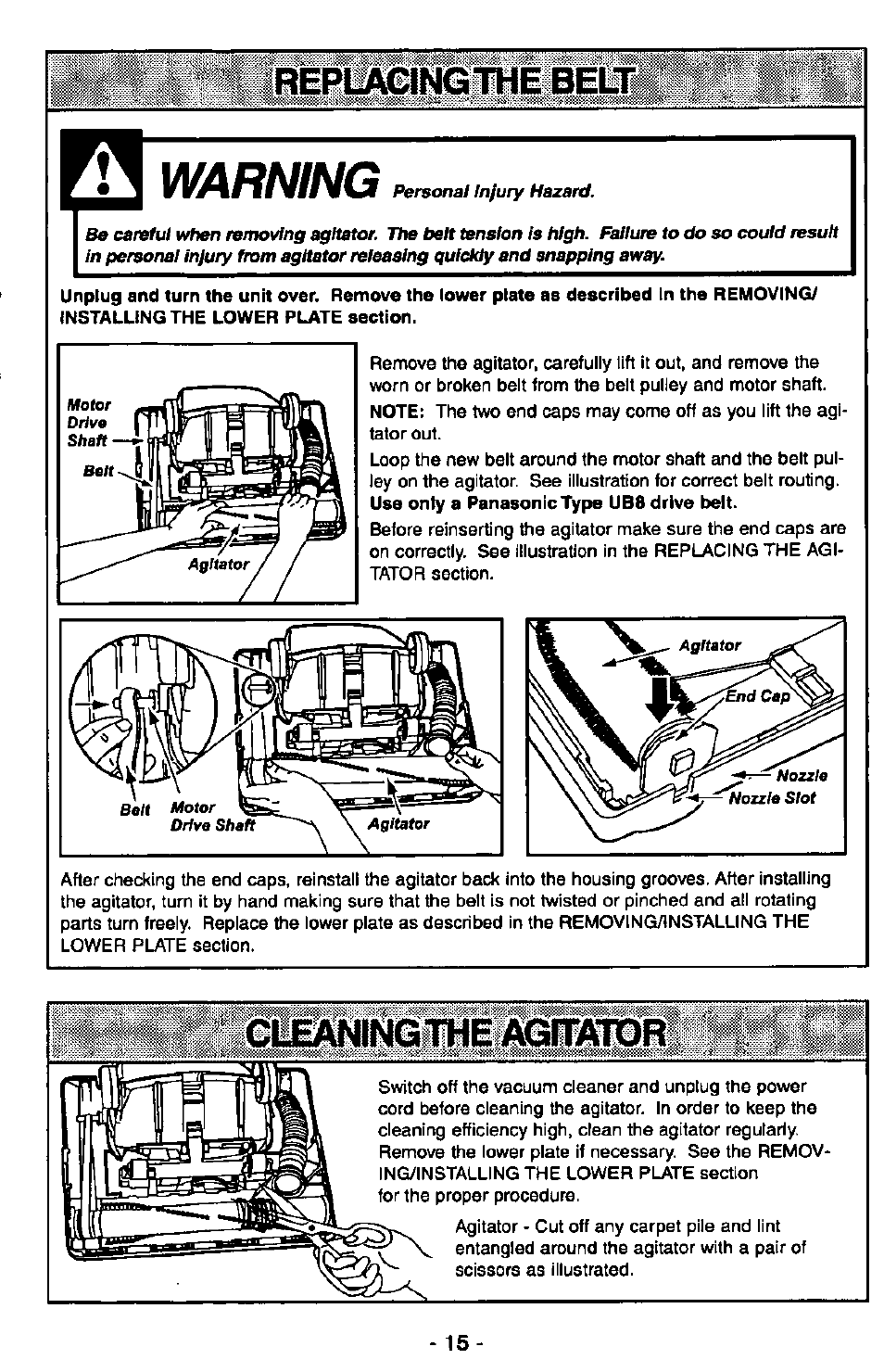 Warning, Cmiilngmeiagitalldr, Use onty a panasonic type ub8 drive belt | Panasonic ULTRA-PRO MC-V150 User Manual | Page 15 / 40