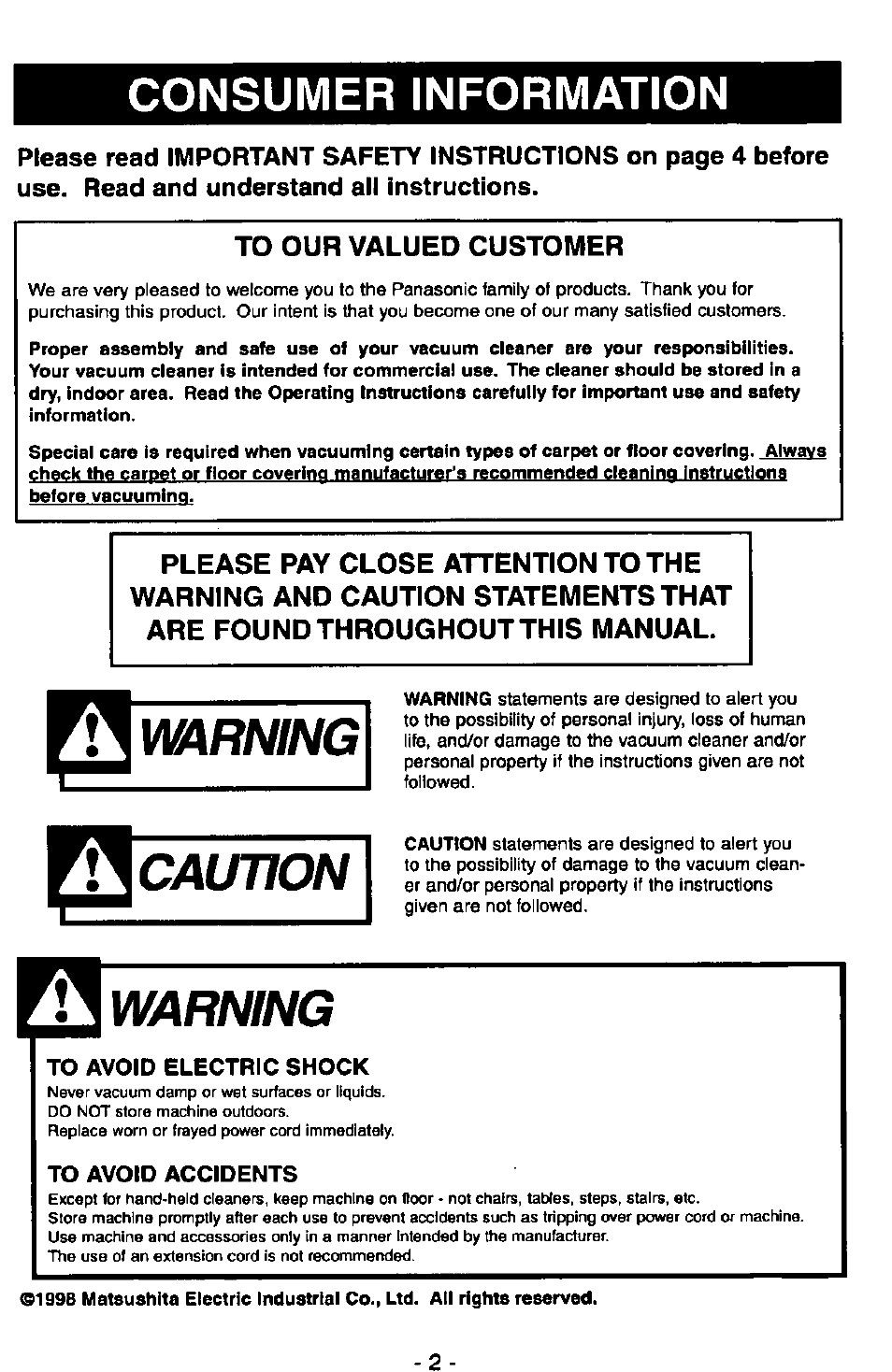 Consumer information, To our valued customer, Warning | Caution, To avoid electric shock, To avoid accidents | Panasonic ULTRA-PRO MC-V150 User Manual | Page 2 / 40