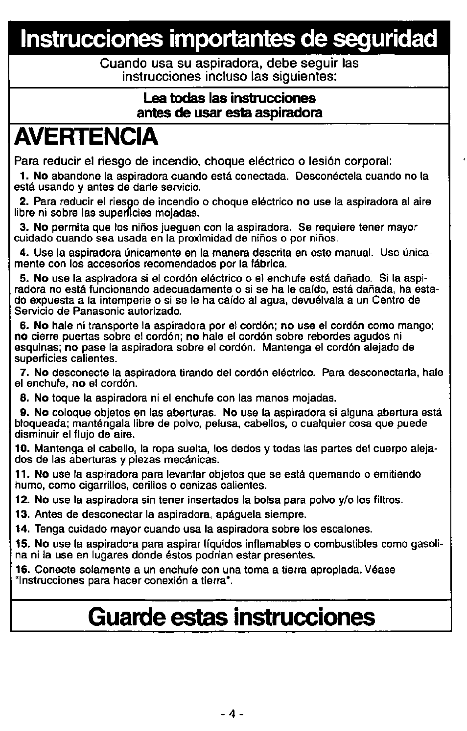 Instrucciones importantes de seguridad, Avefitencia, Guarde estas instrucciones | Panasonic ULTRA-PRO MC-V150 User Manual | Page 24 / 40