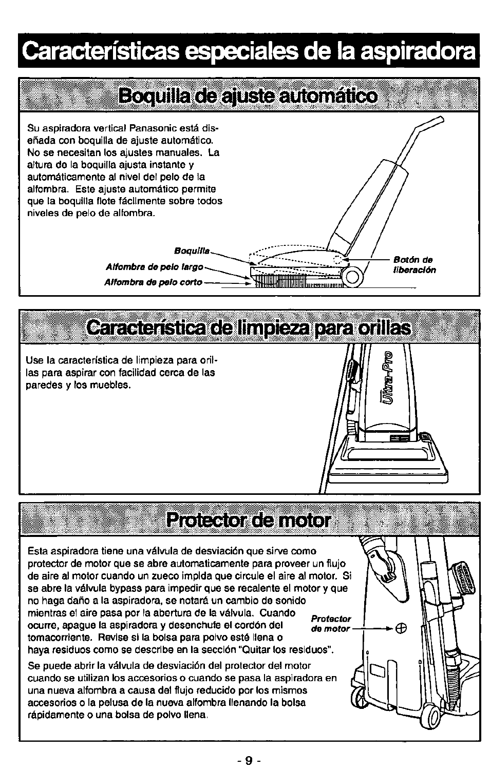 Características especiales de la aspiradora, Ieíkluiltaidetáus^iitomau, Racterisbc^tejimpiezalparaon | Pnrasipricte | Panasonic ULTRA-PRO MC-V150 User Manual | Page 29 / 40