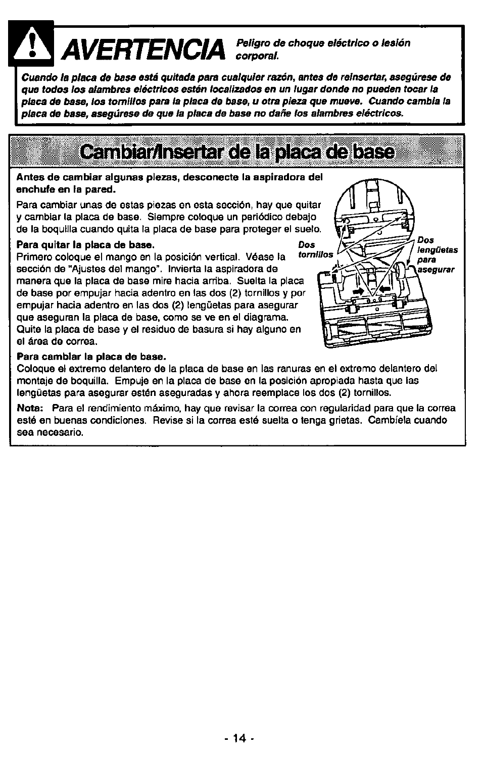 Avertencia, Cambíar/inseilar de la placa de base, Cambiar/insertar de la placa de base | Para quitar la placa de base, Para cambiar la placa de base, Nota | Panasonic ULTRA-PRO MC-V150 User Manual | Page 34 / 40