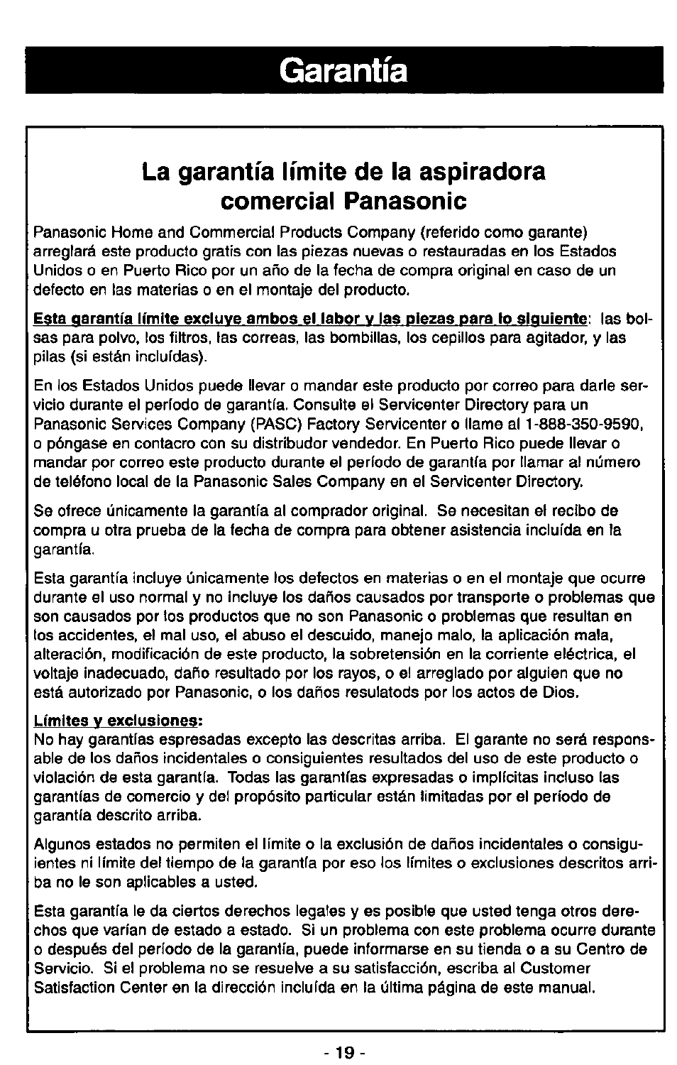 Garantía | Panasonic ULTRA-PRO MC-V150 User Manual | Page 39 / 40