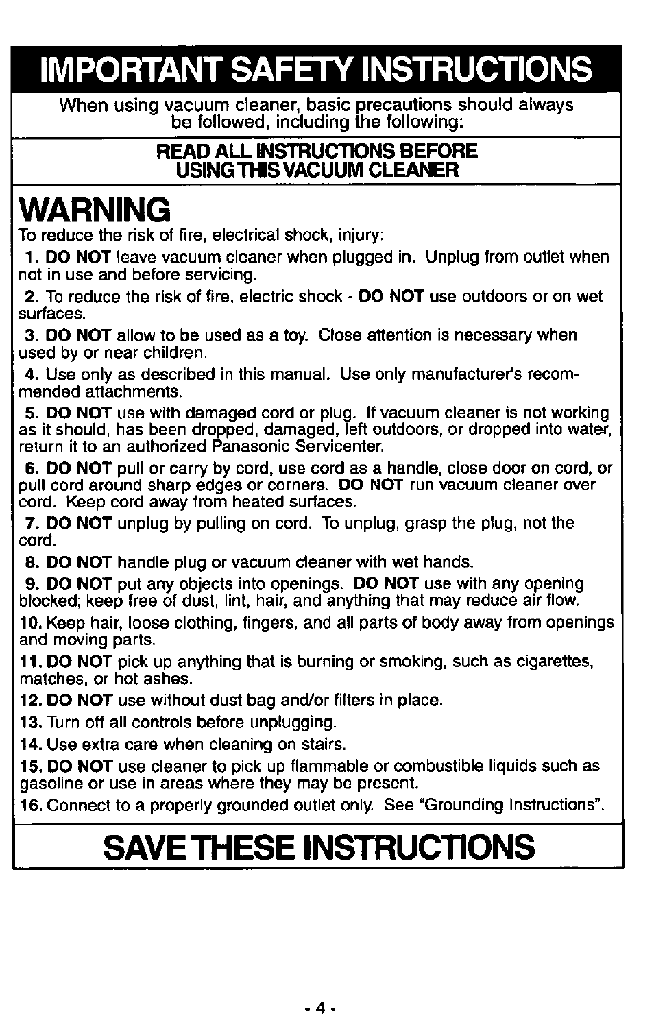 Important safety instructions, Warning, Save these instructions | Panasonic ULTRA-PRO MC-V150 User Manual | Page 4 / 40