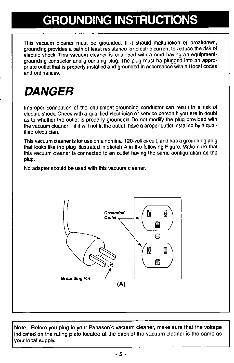 Grounding instructions, Danger | Panasonic ULTRA-PRO MC-V150 User Manual | Page 5 / 40