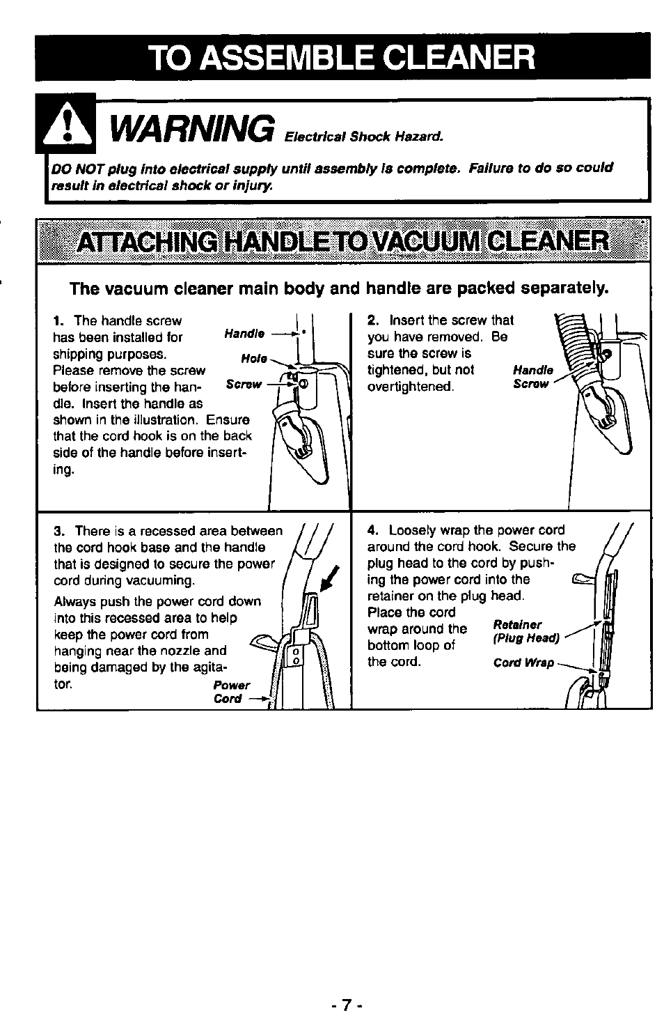 To assemble cleaner, Warning | Panasonic ULTRA-PRO MC-V150 User Manual | Page 7 / 40