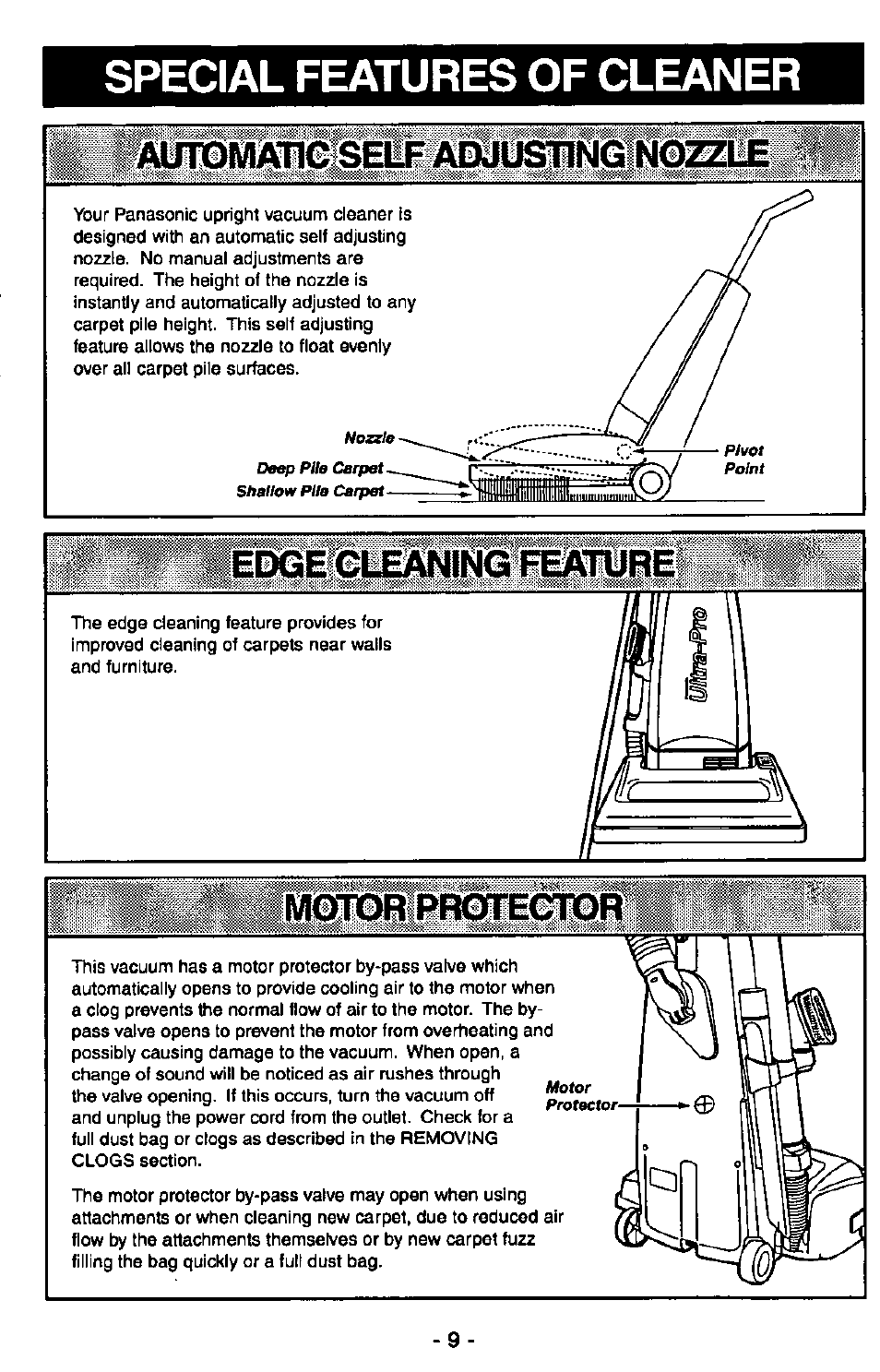 Special features of cleaner, Nozzle, Edge cl^ning featur | Prqftector | Panasonic ULTRA-PRO MC-V150 User Manual | Page 9 / 40