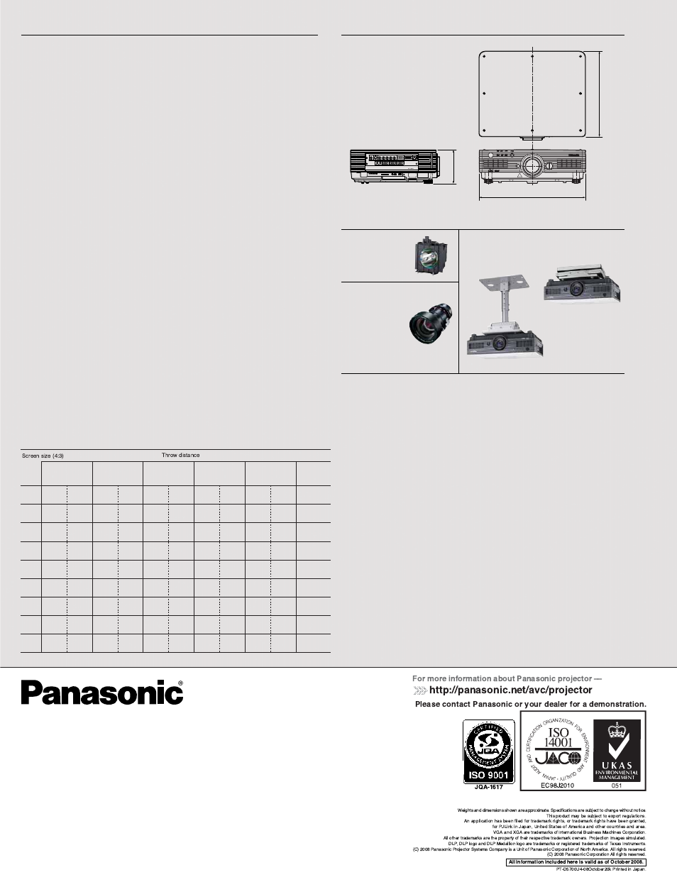 Projection distance specifications dimensions, Optional accessories | Panasonic PT-D5700U User Manual | Page 6 / 6