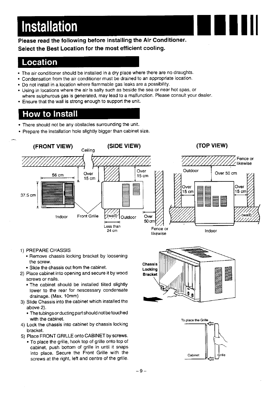 Installation, Location, How to install | Front view), Side view), Top view) | Panasonic CW-1273FR User Manual | Page 10 / 13