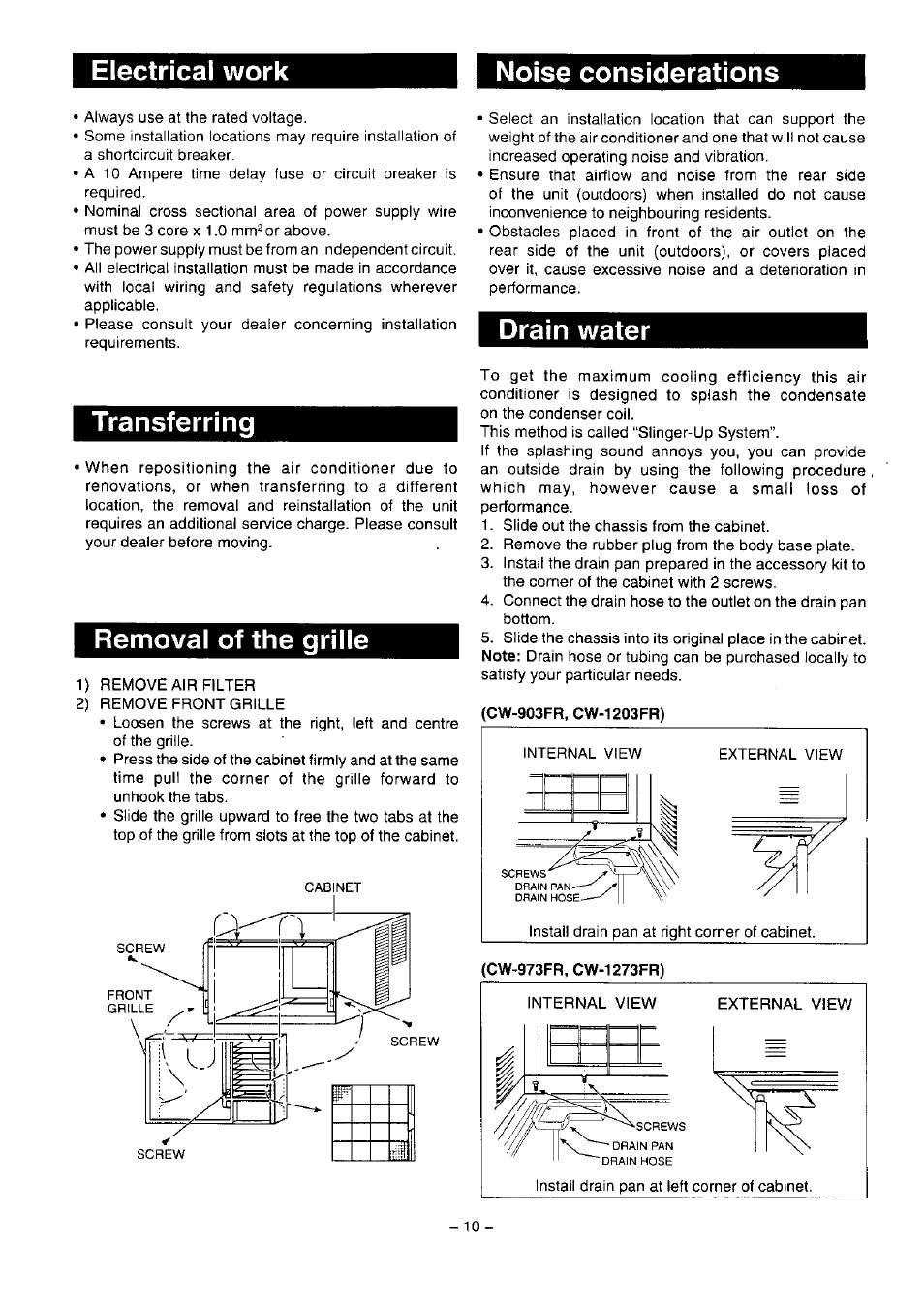 Electrical work noise considerations, Transferring, Removal of the grille | Drain water | Panasonic CW-1273FR User Manual | Page 11 / 13