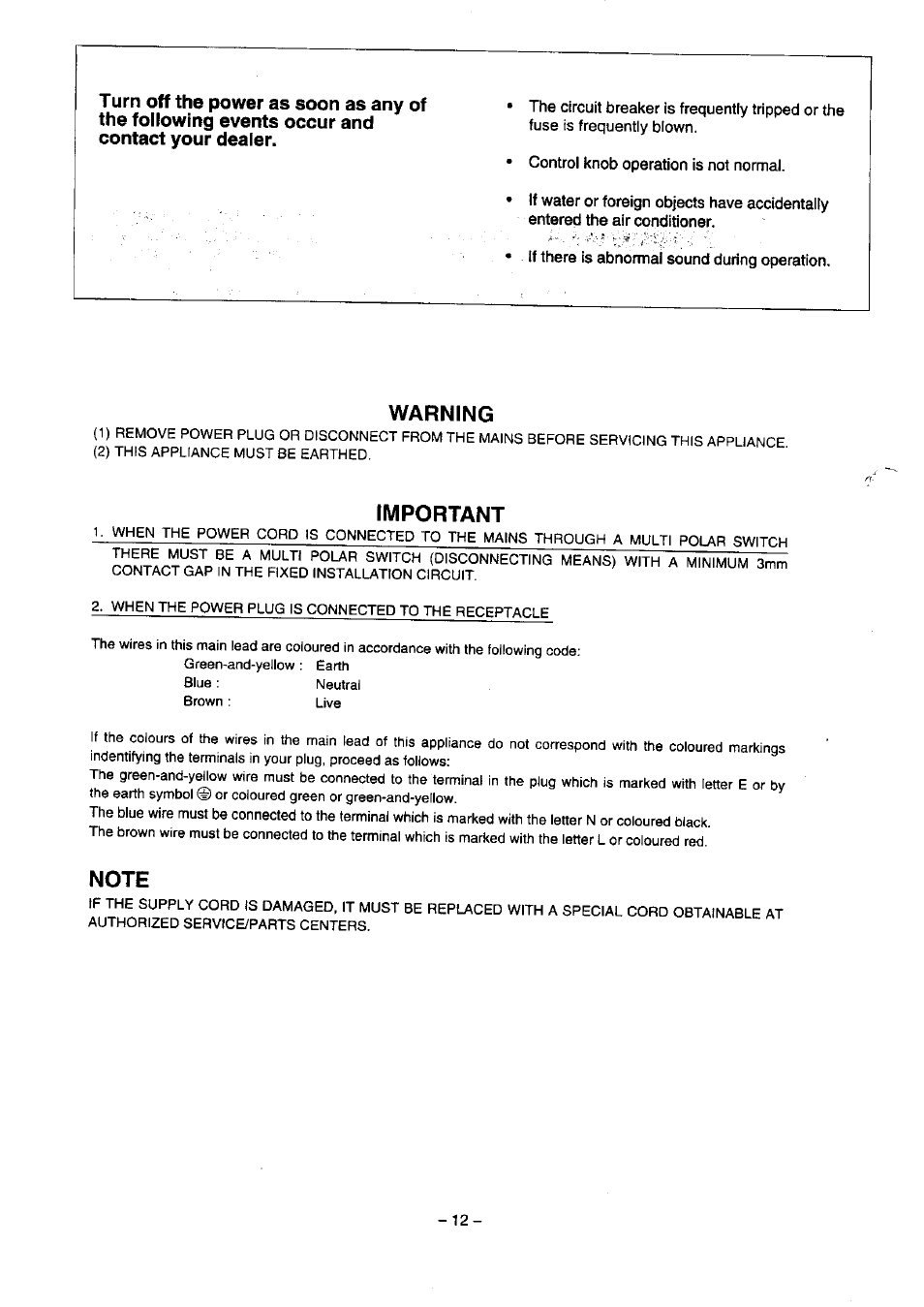 Control knob operation is not normal, If there is abnormal sound during operation, Warning | Important | Panasonic CW-1273FR User Manual | Page 13 / 13