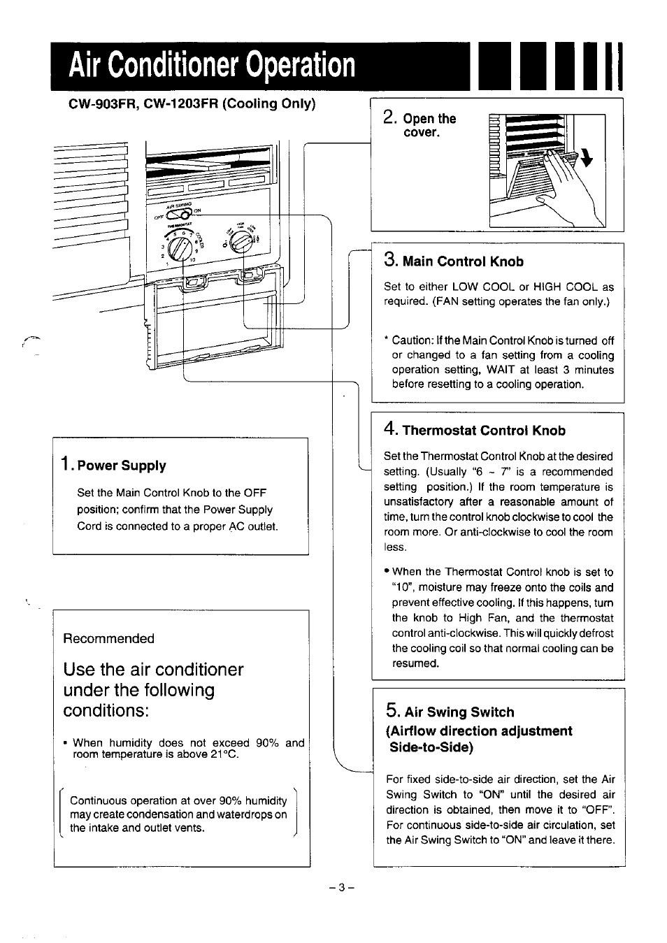 Air conditioner operation, Cw-903fr, cw-1203fr (cooling only), Main control knob | Thermostat control knob | Panasonic CW-1273FR User Manual | Page 4 / 13