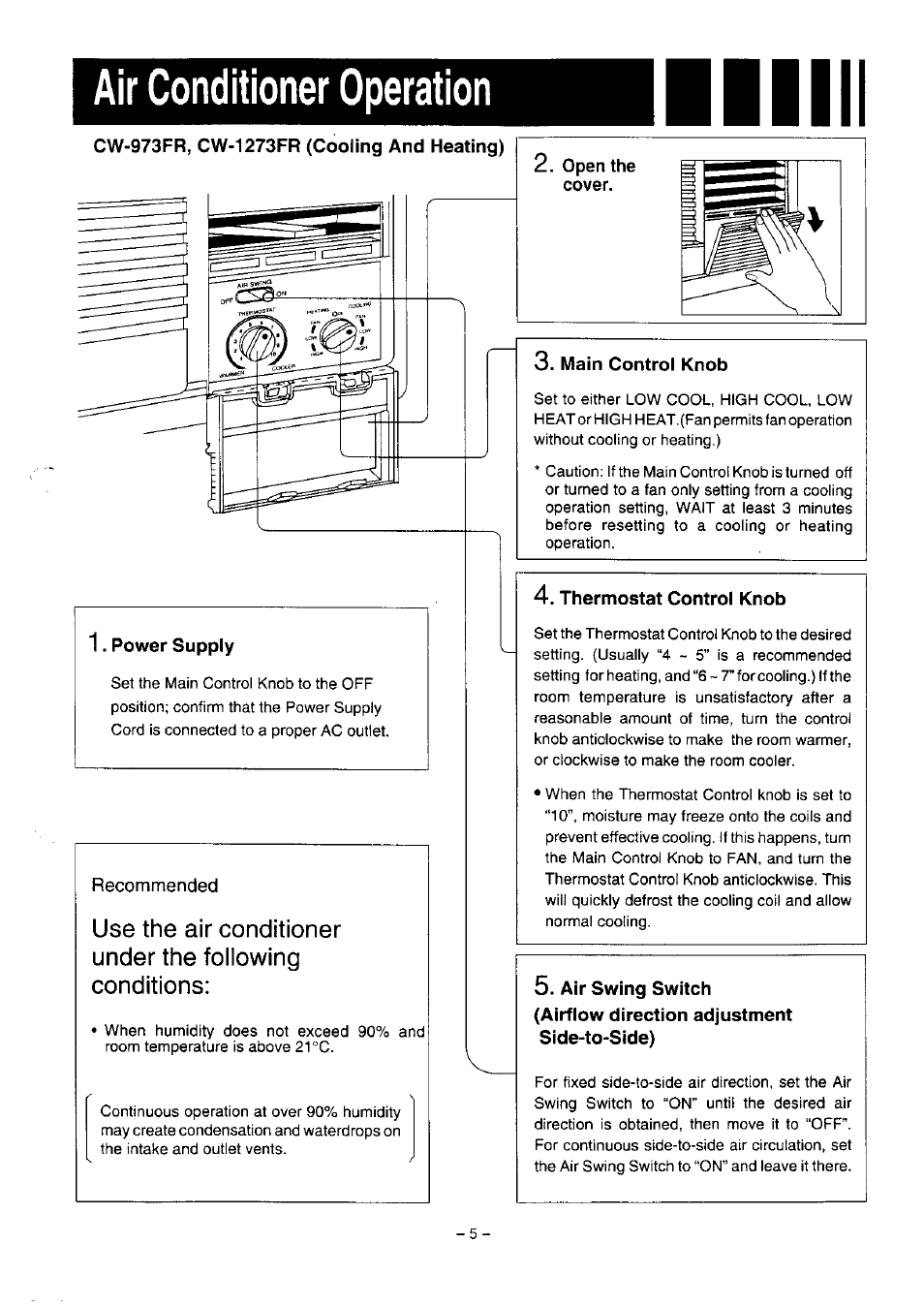 Air conditioner operation, Cw-973fr, cw-1273fr (cooling and heating), Main control knob | Thermostat control knob | Panasonic CW-1273FR User Manual | Page 6 / 13