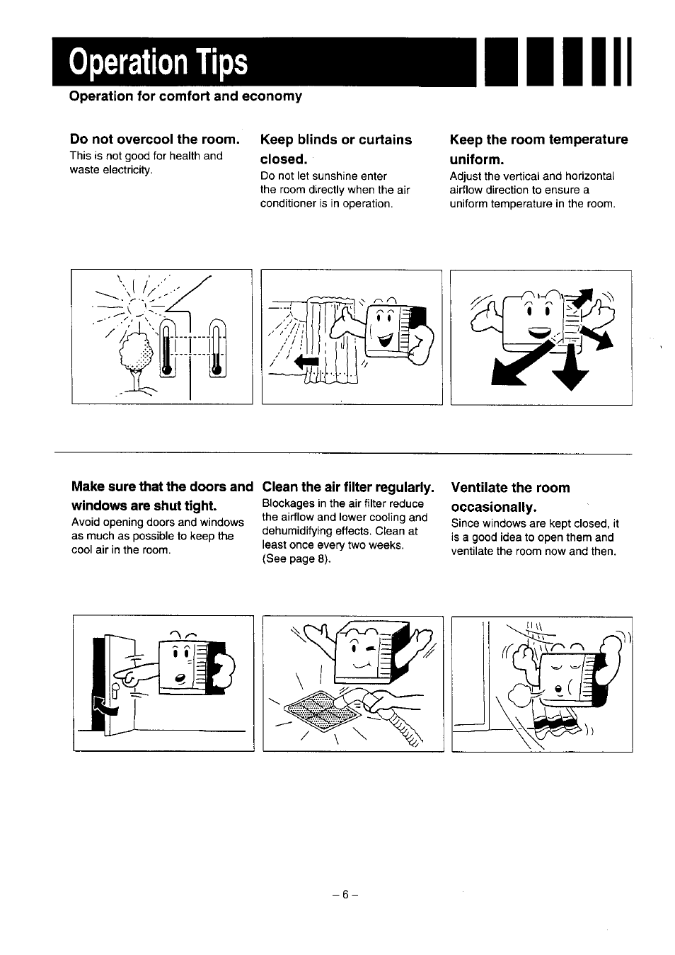 Operation tips, Operation for comfort and economy, Do not overcool the room | Keep the room temperature uniform | Panasonic CW-1273FR User Manual | Page 7 / 13