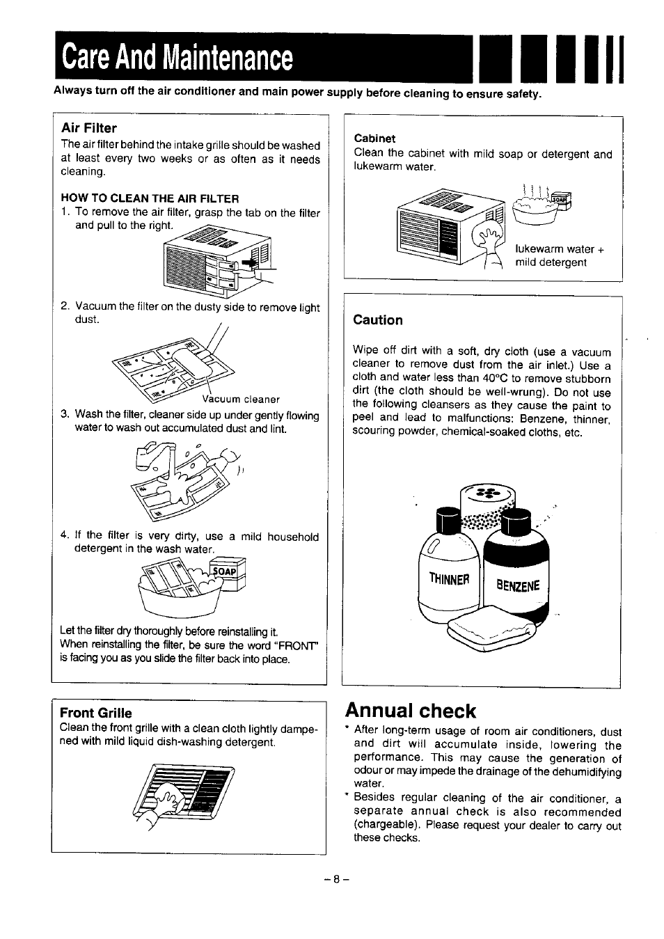 Care and maintenance, Air filter, How to clean the air filter | Front grille, Cabinet, Caution, Annual check | Panasonic CW-1273FR User Manual | Page 9 / 13