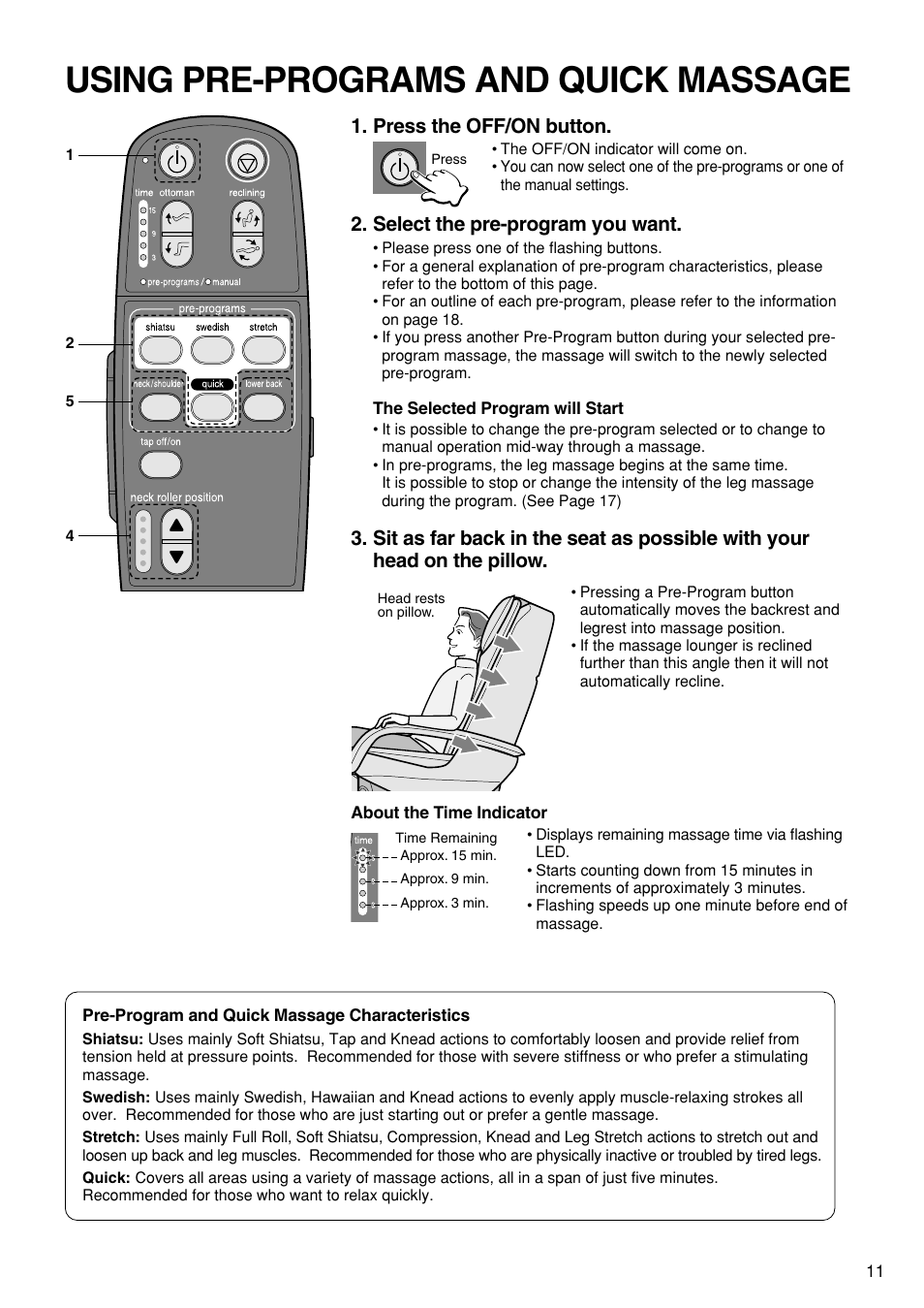 Using pre-programs and quick massage | Panasonic EP1272 User Manual | Page 13 / 76