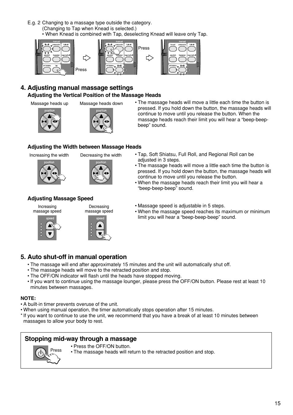 Adjusting manual massage settings, Auto shut-off in manual operation, Stopping mid-way through a massage | Panasonic EP1272 User Manual | Page 17 / 76