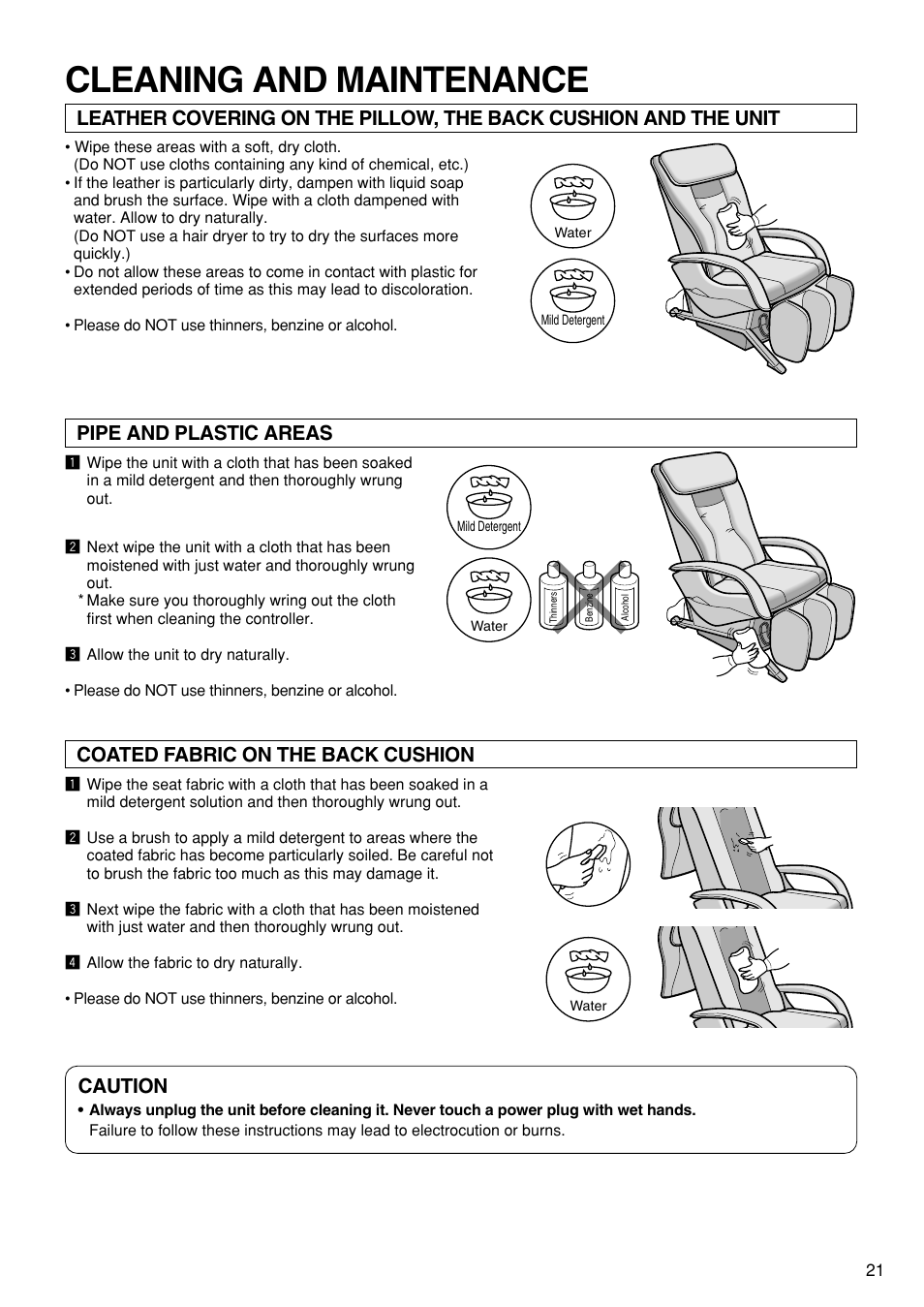 Cleaning and maintenance, Pipe and plastic areas, Coated fabric on the back cushion caution | Panasonic EP1272 User Manual | Page 23 / 76