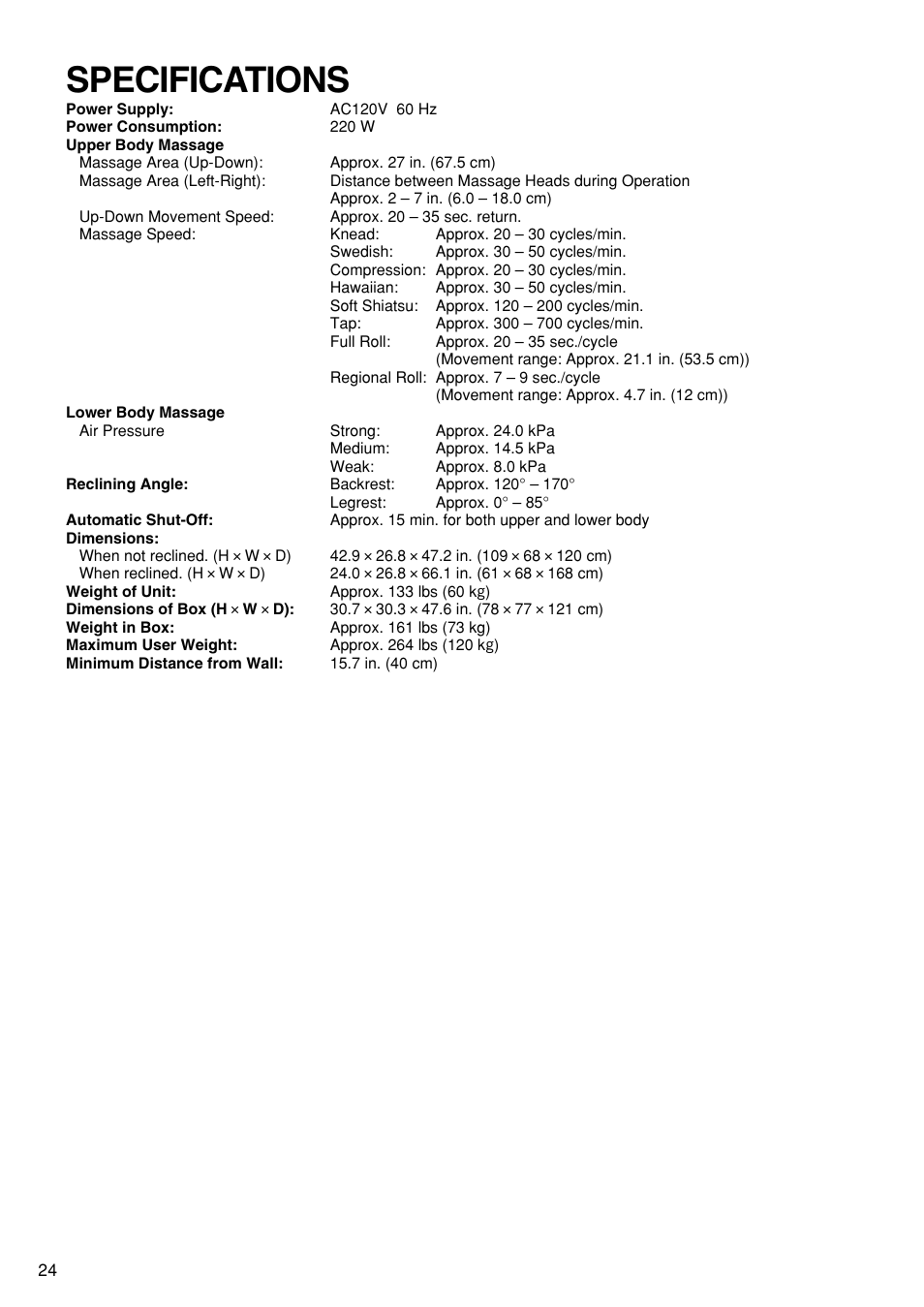 Specifications | Panasonic EP1272 User Manual | Page 26 / 76