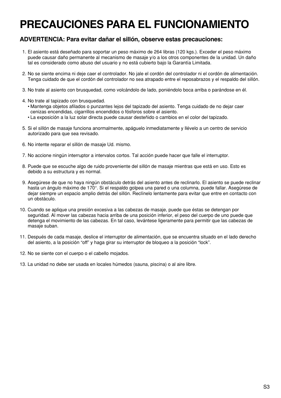 Precauciones para el funcionamiento | Panasonic EP1272 User Manual | Page 29 / 76