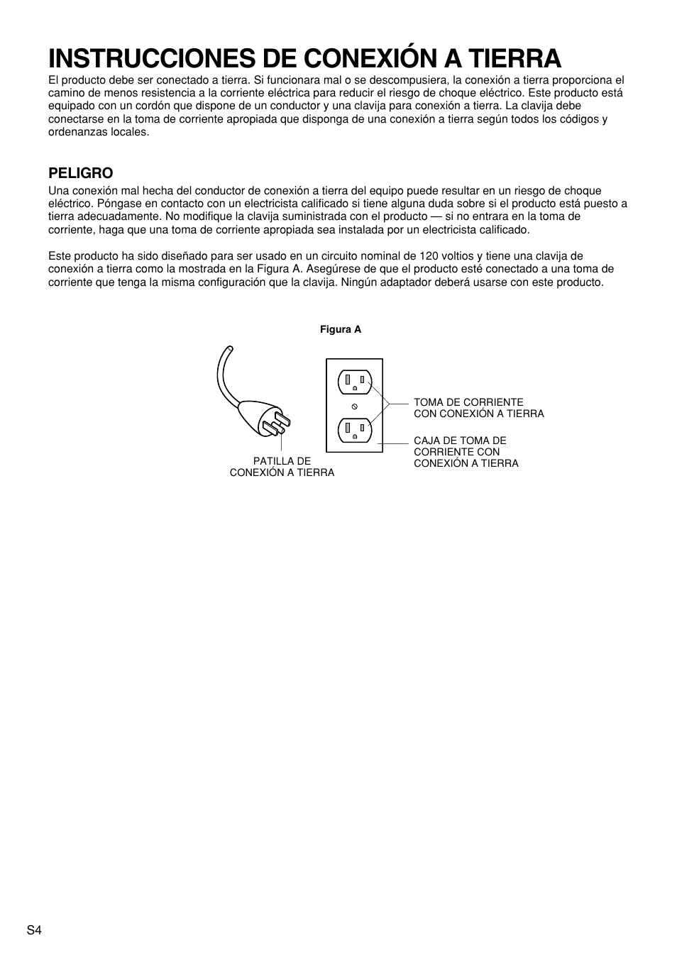 Instrucciones de conexión a tierra, Peligro | Panasonic EP1272 User Manual | Page 30 / 76