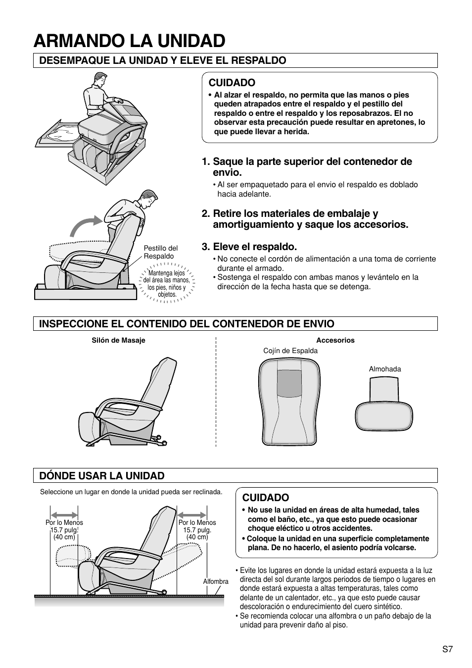 Armando la unidad, Cuidado, Desempaque la unidad y eleve el respaldo | Saque la parte superior del contenedor de envio | Panasonic EP1272 User Manual | Page 33 / 76