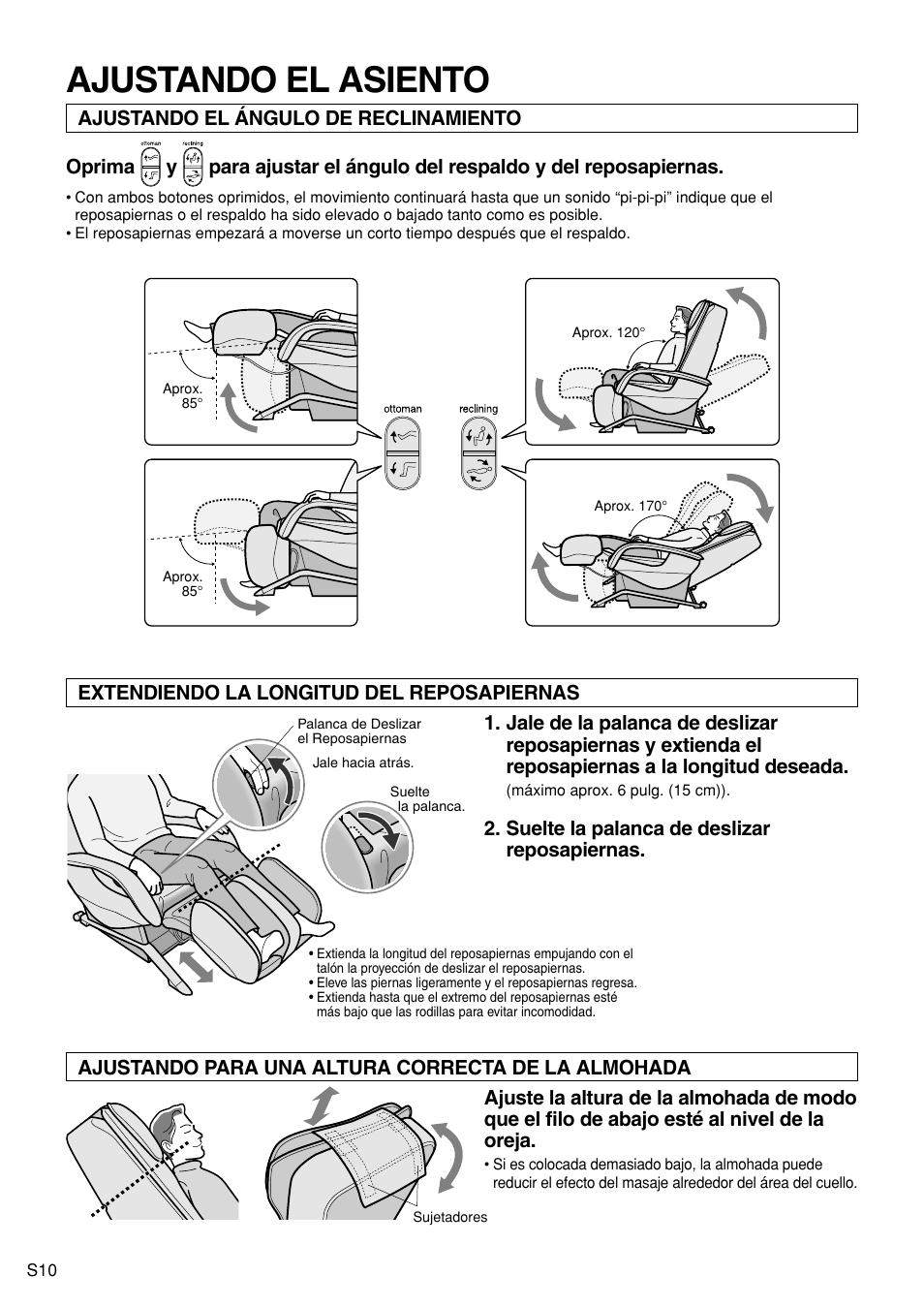 Ajustando el asiento, Ajustando para una altura correcta de la almohada | Panasonic EP1272 User Manual | Page 36 / 76